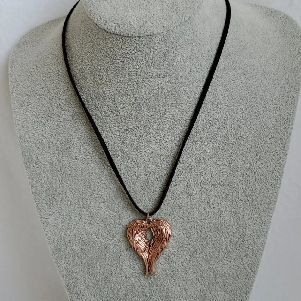 Mens copper angel wings black suede necklace